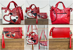 Conjunto de dos piezas de bolso tote y bandolera de cuero vacuno repujado a mano estilo occidental con diseño de doble corazón para mujer - Product Image 3