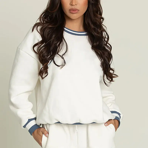 Sweat-shirt polaire surdimensionné pour femme, col rond, 100 % coton, broderie personnalisée sur le devant, manches rayées, collection automne, vente en gros, OEM - Product Image 6