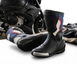 Botas de Motociclismo de Cuero Genuino, Color Negro y Azul, Protectoras, para Hombre, Calzado de Motociclista Personalizado - Product Image 1