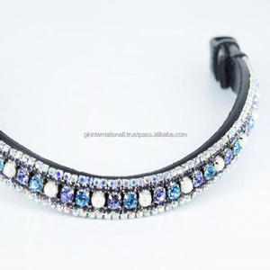 Équipement d'équitation pour courses de chevaux, bandeau de tête pour cheval en cuir anglais noir décoratif, doublé de cristaux scintillants et de perles - Product Image 1