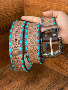 Cinturón de vaquero occidental de cuero de vaca americana 100% con trabajo de cuentas y diseño de mano de onda de cesta fabricante superior para hombres y mujeres - Product Image 3