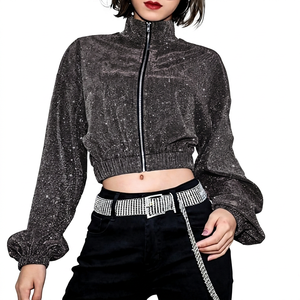 Wholesale <b>Womens</b> Holographic <b>Sparkly</b> Glitter Cropped Bomber <b>Jacket</b> Shiny Sequin Metallic Zip Polyester/Nylon Party Rave Wear - Product Image 2