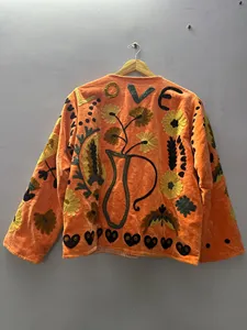 Elegante Chaqueta de Terciopelo Naranja con Bordado Floral Suzani, Patrón Hecho a Mano, Estilo Boho, Manga Larga, Cuello Redondo, Ropa de Abrigo Otoñal para Mujer - Product Image 5