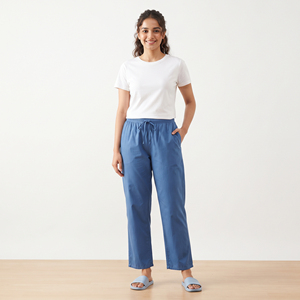 Pantalones de Algodón para Mujer, Corte Recto, Casuales, 100% Poliéster, Ajuste Holgado, Estilo Pijama, Cintura Media con Cordón, Estilo Urbano - Product Image 1