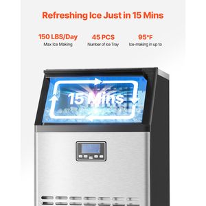 Macchina per il ghiaccio commerciale, 45 cubetti in 15 minuti, capacità di stoccaggio 33 libbre, autoportante, capacità totale 150 libbre - Product Image 2