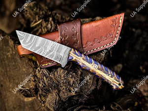 มีดแค้มปิ้งใบตายเหล็กดามัสกัสคุณภาพสูง ลายบิดเกลียว ด้ามจับรูปทรงกรวยสน ดีไซน์โดดเด่น พร้อมปลอกหนัง - Product Image 5