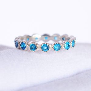 S925 Sterling <b>Silver</b> Eternity <b>Band</b> <b>Ring</b> With Blue Crystal Rhinestones Bezel Set Classic Style Women's Everyday Wear Fine Jewelry - Product Image 4