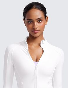 Camiseta Deportiva Blanca para Mujer, Manga Larga, Cuello Alto con Cierre, Cuello en V, Transpirable, Spandex/Poliéster, Color Sólido, Corte Ajustado - Product Image 1