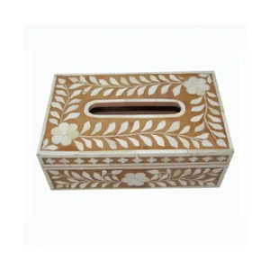 Caja de pañuelos de papel con incrustaciones de hueso, diseño floral, acabado pulido, forma rectangular, producto de excelente calidad. - Product Image 3