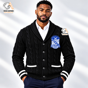 Phi Beta Sigma | Men's Black <b>Cable</b> <b>Knit</b> Cardigan Embroidered Phi Beta Sigma Crest Front Winter <b>Sweater</b> 100% Polyester - Product Image 1