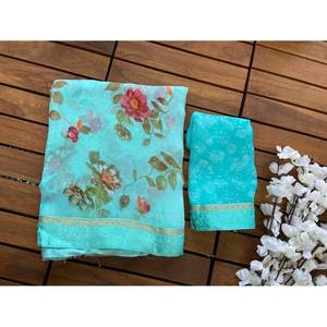 FANCY GEORGETTE FLORAL PRINTED LACE WORK SKY SAREE con blusa SIN COSTURA - Product Image 1