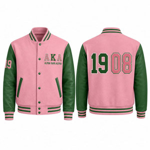 Veste universitaire rose et verte pour homme, style preppy, lettres AKA brodées, fermeture boutonnée sur le devant, coupe classique, vêtement d'automne - Product Image 4
