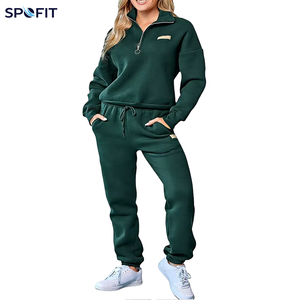 Women's Half <b>Zip</b> Fleece Eco-Friendly Breathable Solid Lounge Tracksuit Set Heavyweight Cotton 220g Two Piece Casual Wear Autumn - Product Image 1
