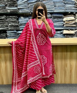 <b>Women</b> Traditional Cotton <b>Kurta</b> Pant Set Dupatta Loose Fit Casual Wear India Pakistan Style 85992 SHAGUN- Lahriya Bandej - Product Image 1