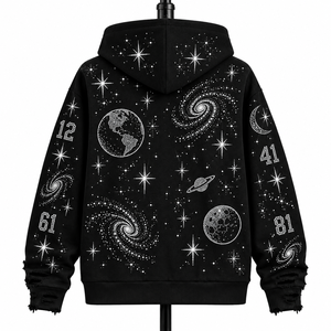 Sudadera con Capucha Negra Unisex con Cierre, Diseño de Galaxia Espacial con Brillantina y Pedrería, Estilo Casual Oversize para Otoño - Product Image 6