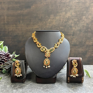 Indian Mores Gold Plated Brass AD Stone Jadau Jewelry Sets for Women Ethnic Festive Party Casual Wedding Jaipur Rajasthan - Product Image 3