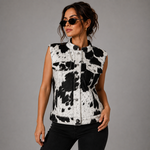 Cowhide Pattern Vest Genuine Leather <b>Sleeveless</b> <b>Jacket</b> Windproof Outerwear for Winter, Cow Print Western <b>Sleeveless</b> Leather - Product Image 3