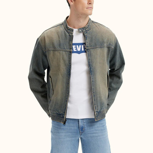 New Fashion Comfortable New Arrival Washed Blue Cropped <b>Jackets</b> Long Sleeve Collarless Zipper Appliques Jean <b>Jacket</b> Men - Product Image 6