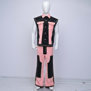 Gilet en cuir PU rose et noir pour homme, style crocodile, avec rivets décoratifs, col rabattu, simple boutonnage, vêtement d'extérieur, style printemps - Product Image 1