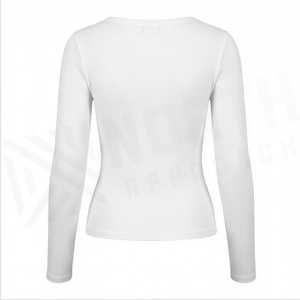 T-shirt blanc côtelé à manches longues et col rond en coton et élasthanne respirant pour femme, couleur unie - Product Image 2