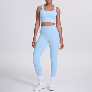 SARFAN INTERNATIONAL <b>Light</b> Blue High Waist Seamless Spandex/Polyester 220g Leggings Full Length Sporty Knitted Women's Leggings - Product Image 1