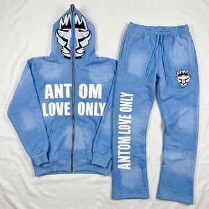 Ensemble 2 pièces décontracté pour homme, hiver, en coton épais 100%, avec sweat à capuche uni et pantalon de jogging empilé, respirant et effet vieilli - Product Image 1