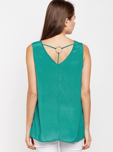 Top sin mangas de gasa de seda verde esmeralda para mujer con detalle de anillo, cuello en V y espalda hueca, estilo elegante - Product Image 5