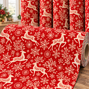 Tela Navideña Roja con Estampado de Renos y Copos de Nieve, Material de Costura para las Fiestas - Product Image 2