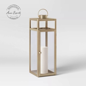 Minimalist Brushed Gold <b>Outdoor</b> <b>Lantern</b> - Weather-Resistant Metal Frame Durable Glass Panels Casts Soft Ambient Glow Perfect - Product Image 1