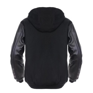 Blouson universitaire noir à capuche, corps en laine, manches en cuir grainé, vêtement d'extérieur haut de gamme personnalisé - Product Image 6