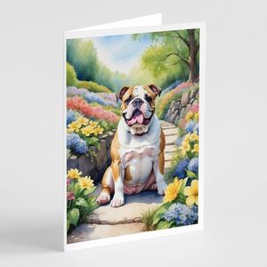 Whimsical A7 Tamaño 5x7 English Bulldog Spring Path Tarjetas de notas en blanco Paquete de 8 con sobres Tarjetas de felicitación - Product Image 1