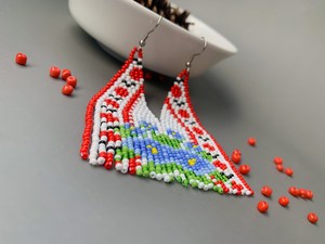 TRENDING USA Tribal seed bead fringe earrings - Traditional Ukrainian red ornament blue <b>flower</b> earring FOR WEDDING - Product Image 5