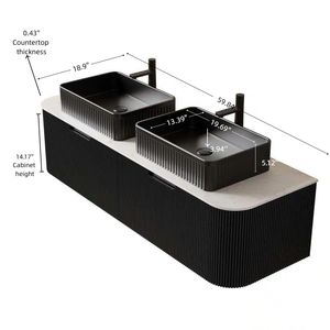 Mobile bagno sospeso DINA da 60 pollici con bordi curvi, mobiletto a 2 cassetti a righe e 2 lavabi neri - Product Image 5