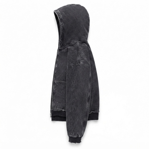 Blouson à capuche zippé en jean noir délavé pour homme, style streetwear oversize, sweat-shirt molletonné effet usé, vêtements personnalisés en gros - Product Image 3
