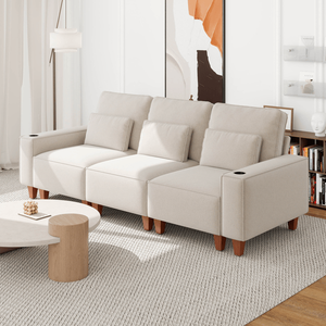 Sofá Moderno y Cómodo de 3 Plazas, Tapizado en Chenilla, Asientos Profundos, Portavasos de Acero Inoxidable, 3 Cojines Decorativos para Sala de Estar - Product Image 3