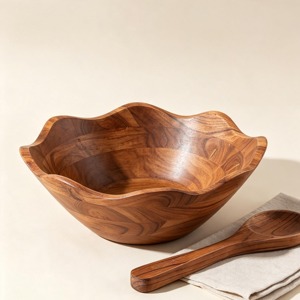 Bol de service moderne minimaliste en bois d'acacia massif, poli à la main, écologique, compatible lave-vaisselle, pour salade, riz, fruits, collations CRAFTSY - Product Image 2