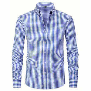 Men's Blue Plaid Long Sleeve <b>Dress</b> Shirt Turn-down Collar Full Sleeve 100% Cotton Smart Casual Woven Fabric Anti-Wrinkle - Product Image 6