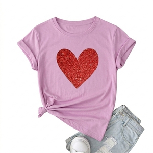 Women's Summer 100% Cotton T-Shirts Streetwear Regular Fit <b>Red</b> <b>Glitter</b> Heart Printed Crew Neck Short Sleeve Shirt - Product Image 3