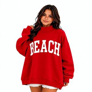 Sweat-shirt oversize personnalisable rouge à col montant pour femme, pull décontracté à épaules tombantes, manches longues, avec motif graphique lettres, idéal pour la plage - Product Image 1
