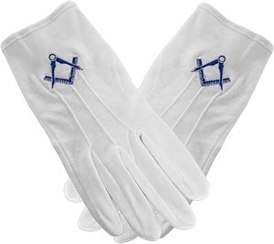 Gants maçonniques brodés d'un carré et d'une compas en bleu marine, en coton, taille unique, brodés d'un carré et d'un compas maçonniques - Product Image 1
