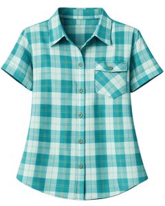 Custom Teal And White Plaid Womens Short Sleeve Button Up Shirt Casual Summer Lightweight Breathable <b>Checkered</b> <b>Top</b> With Pocket - Product Image 2