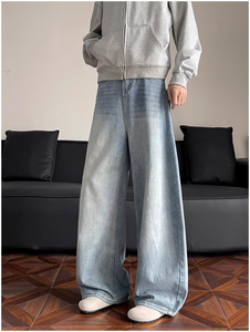 Jeans décontractés pour hommes en coton mi-épais respirant, coupe droite ample, en denim élastique teint uni, pour le printemps - Product Image 4