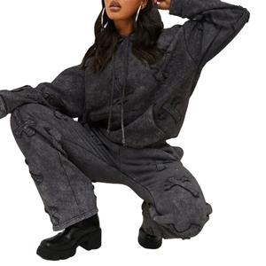 Survêtement femme 100% coton délavé à l'acide, respirant, coupe oversize, avec logo personnalisé, vente en gros - Product Image 2
