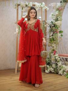 Ensemble indien pakistanais en georgette brodée rouge, kurta à manches longues plissée, palazzo, dupatta, tenue de fête de mariage - Product Image 5