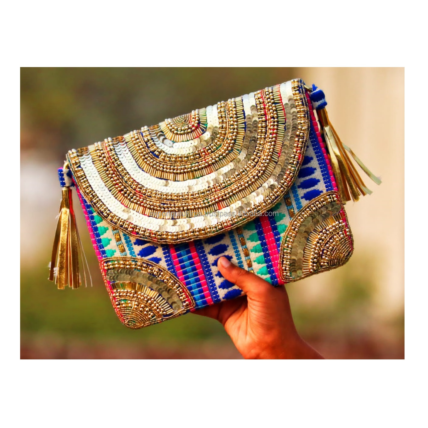 Sac à Main Indien Noir Doré Brodé - Style Ethnique, Orné De Motifs, Neuf Sans étiquette - Accessoire Femme Unique