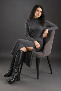 Women's Crew Neck Woolen Casual Maxi Knit <b>Dress</b> Solid Pattern Long Sleeve Winter A-Line Silhouette - Product Image 4