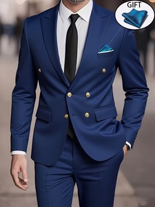 Traje de Dos Piezas Azul Marino para Hombre, Cuello de Solapa, Corte Entallado, Antiarrugas, Poliéster, Estilo Británico, Ropa Formal - Product Image 5