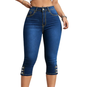 Womens Dark Blue Washed <b>Denim</b> Capri Pants High Waist Skinny <b>Stretch</b> Breathable Casual Cropped Button Hem Fit Daily Wear Style - Product Image 1