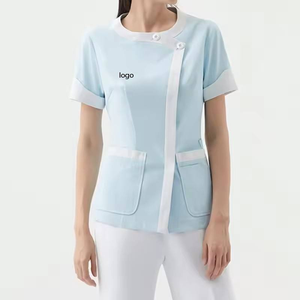 Ensemble d'uniformes médicaux bleu clair à bordure blanche - Chemise à col montant + pantalon droit pour uniformes d'hôpital - Product Image 6