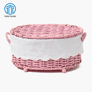Panier de rangement en rotin rose fait main avec couvercle, organisateur en osier, boîte de rangement décorative pour la maison et la chambre d'enfant, vente en gros - Product Image 1